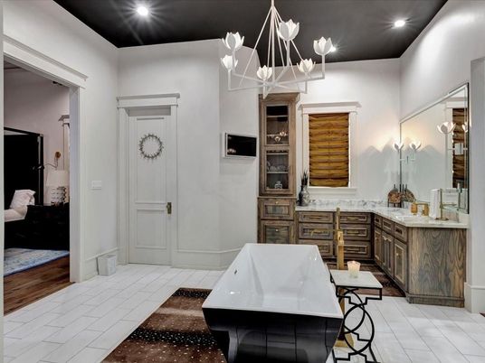 Bathroom, Dual Sink Vanities, Free Standing Baths, Interior, Recessed Lighting, Wood Texture Flooring