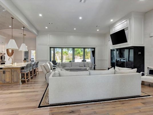 Fireplace, Interior, Kitchen, Living room, Pendant Lights, Recessed Lighting, Wood Texture Flooring