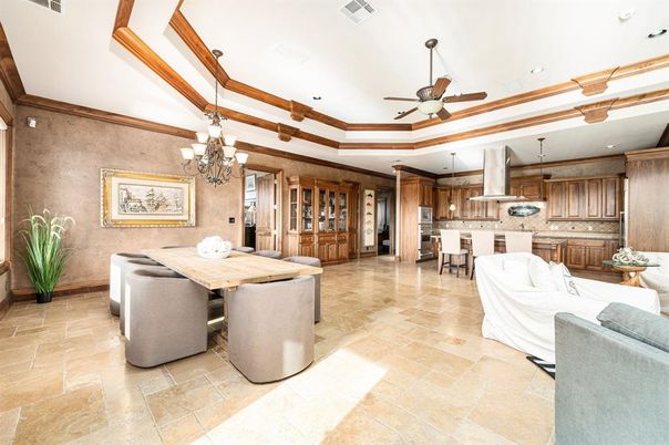 Chandelier, Dining room, Interior, Kitchen, Pendant Lights, Recessed Lighting, Wooden Beams