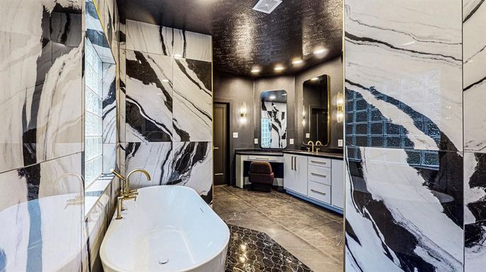 Bathroom, Dual Sink Vanities, Free Standing Baths, Interior, Marble Walls, Recessed Lighting