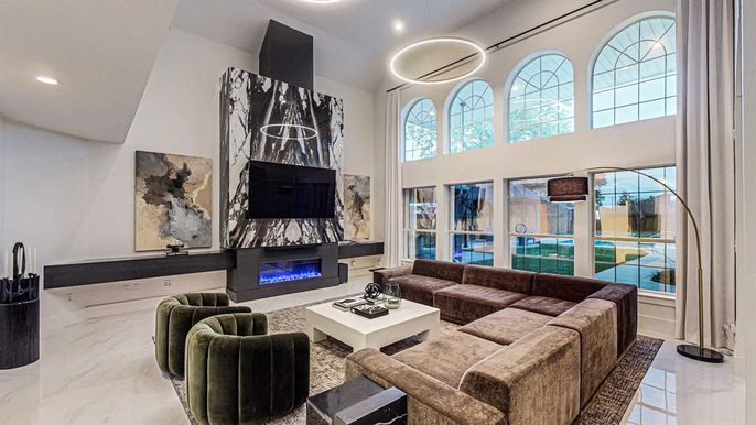 Fireplace, Interior, Living room, Marble, Pendant Lights, Recessed Lighting