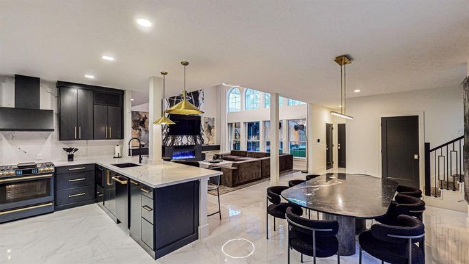 Interior, Kitchen, Living room, Marble, Pendant Lights, Recessed Lighting, Stainless Steel Appliances