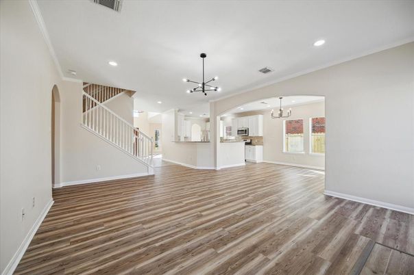 Interior, Kitchen, Pendant Lights, Recessed Lighting, Wood Texture Flooring