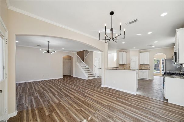 Chandelier, Interior, Kitchen, Pendant Lights, Recessed Lighting, Wood Texture Flooring
