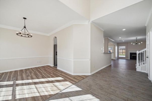 Chandelier, Empty room, Interior, Pendant Lights, Recessed Lighting, Wood Texture Flooring