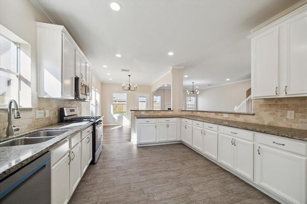 Chandelier, Interior, Kitchen, Pendant Lights, Recessed Lighting, Stainless Steel Appliances, Wood Texture Flooring