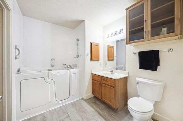 Bathroom, Dual Sink Vanities, Interior, Washer, Wood Texture Flooring