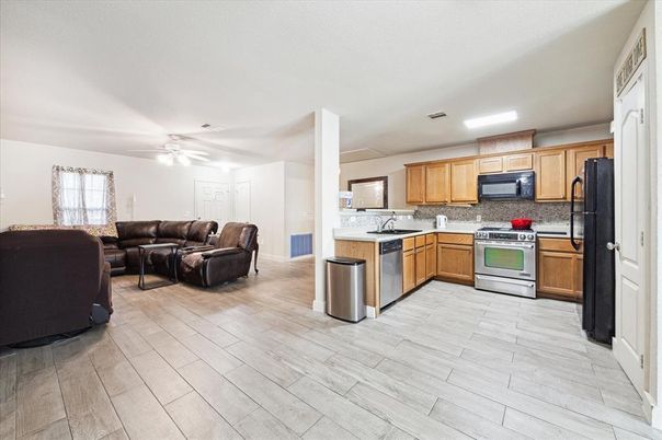 Interior, Kitchen, Living room, Stainless Steel Appliances, Wood Texture Flooring
