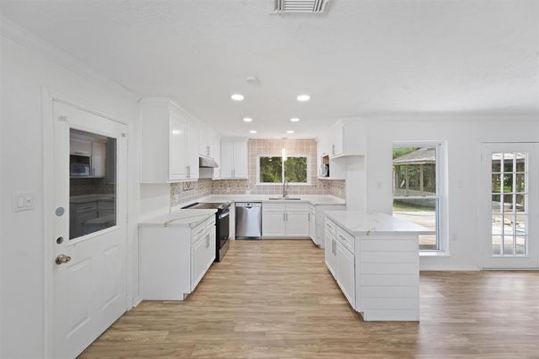 Interior, Kitchen, Recessed Lighting, Stainless Steel Appliances, Wood Texture Flooring