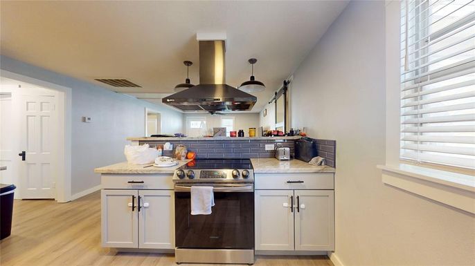 Interior, Kitchen, Pendant Lights, Stainless Steel Appliances, Wood Texture Flooring