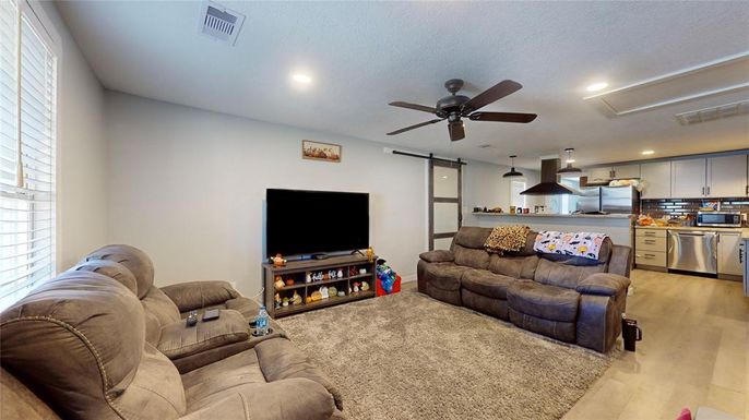 Interior, Kitchen, Living room, Recessed Lighting, Stainless Steel Appliances, Wood Texture Flooring