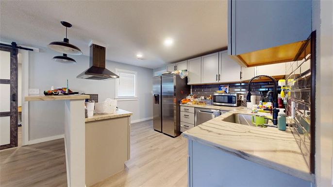 Interior, Kitchen, Pendant Lights, Recessed Lighting, Stainless Steel Appliances, Wood Texture Flooring