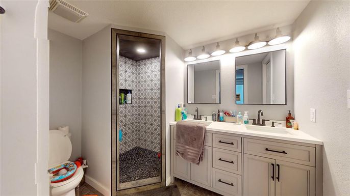 Bathroom, Dual Sink Vanities, Glass Shower, Interior