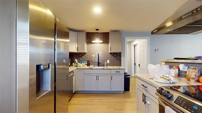 Interior, Kitchen, Pendant Lights, Recessed Lighting, Stainless Steel Appliances, Wood Texture Flooring