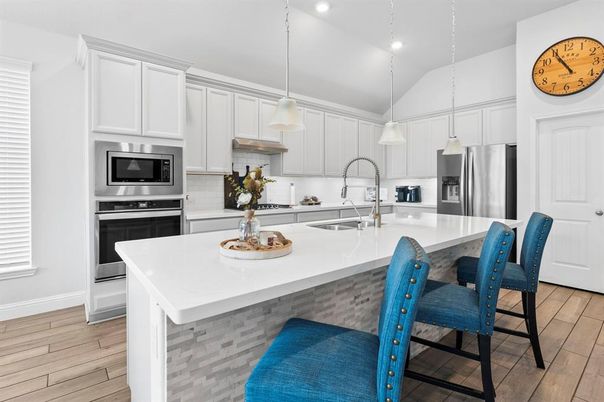 Interior, Kitchen, Pendant Lights, Recessed Lighting, Stainless Steel Appliances, Wood Texture Flooring