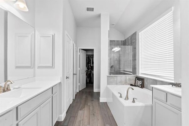 Bathroom, Dual Sink Vanities, Glass Shower, Interior, Wood Texture Flooring