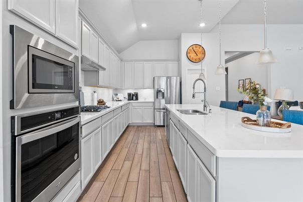 Interior, Kitchen, Pendant Lights, Recessed Lighting, Stainless Steel Appliances, Wood Texture Flooring