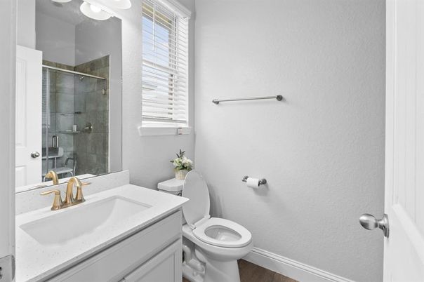 Bathroom, Glass Shower, Interior, Wood Texture Flooring