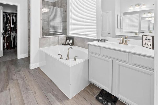 Bathroom, Dual Sink Vanities, Glass Shower, Interior, Wood Texture Flooring