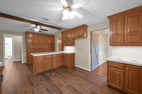 Interior, Kitchen, Tile Countertops, Wood Texture Flooring