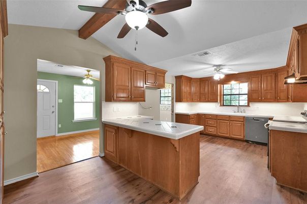 Interior, Kitchen, Tile Countertops, Wooden Beams, Wood Texture Flooring