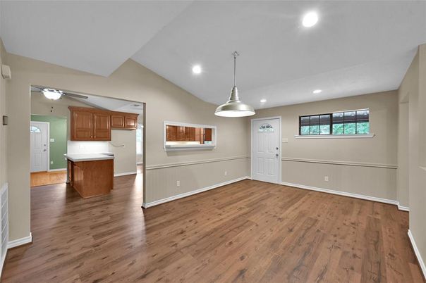 Empty room, Interior, Kitchen, Pendant Lights, Recessed Lighting, Wood Texture Flooring