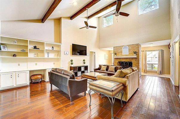 Fireplace, Interior, Living room, Stone Walls, Wooden Beams, Wood Texture Flooring