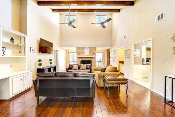 Fireplace, Interior, Living room, Pendant Lights, Wooden Beams, Wood Texture Flooring