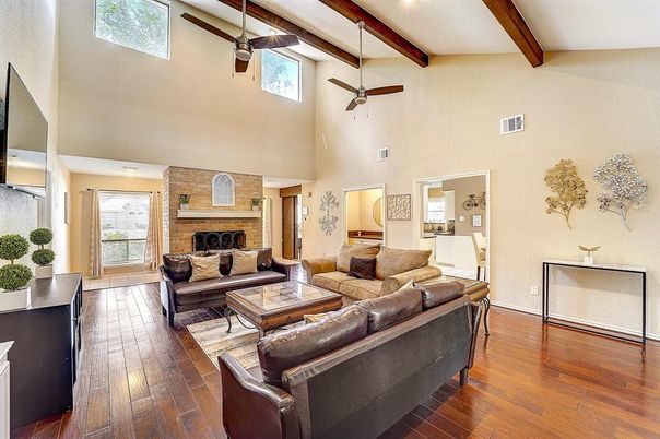 Fireplace, Interior, Living room, Pendant Lights, Stone Walls, Wooden Beams, Wood Texture Flooring
