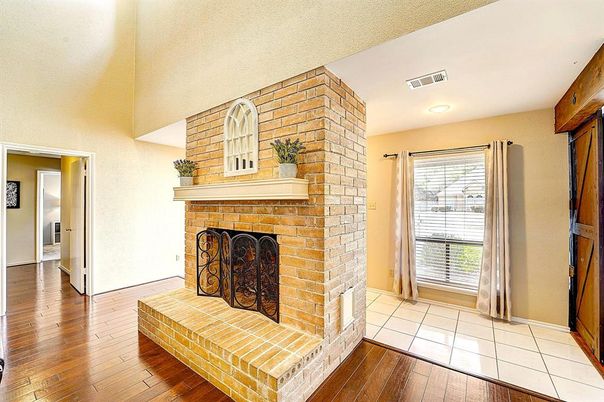 Fireplace, Interior, Recessed Lighting, Stone Walls, Wood Texture Flooring