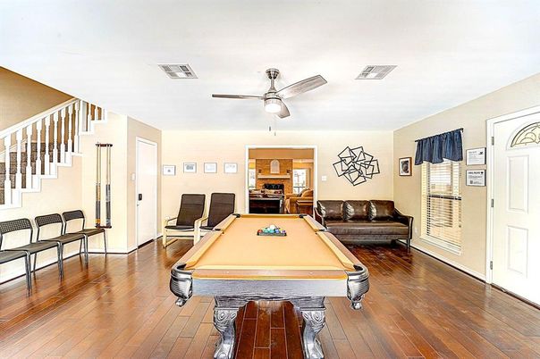 Billiard Table, Fireplace, Game Room, Interior, Wood Texture Flooring