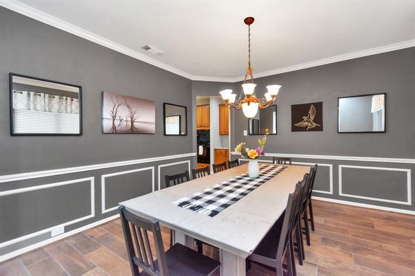 Chandelier, Dining room, Interior, Wood Texture Flooring