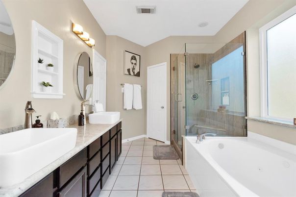 Bathroom, Dual Sink Vanities, Glass Shower, Interior