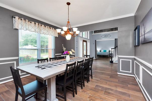 Chandelier, Dining room, Interior, Wood Texture Flooring