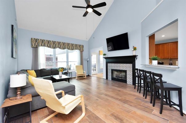 Fireplace, Interior, Living room, Recessed Lighting, Wood Texture Flooring