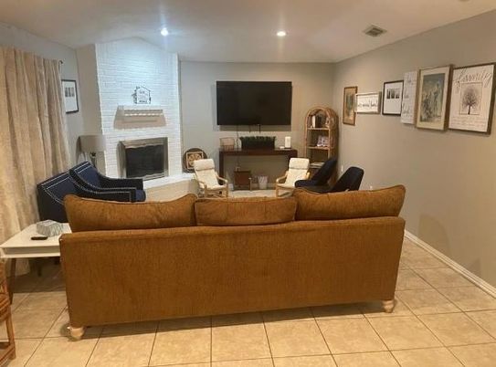 Fireplace, Interior, Living room, Recessed Lighting, Stone Walls