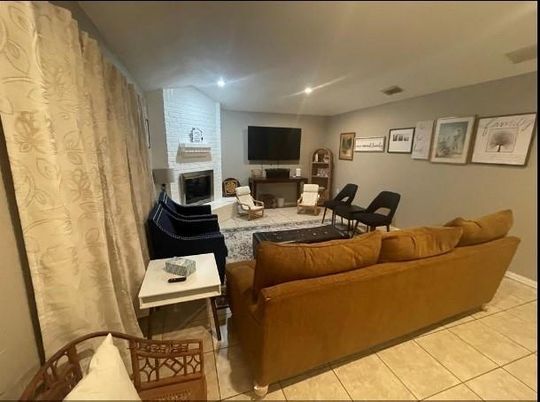 Fireplace, Interior, Living room, Recessed Lighting, Stone Walls
