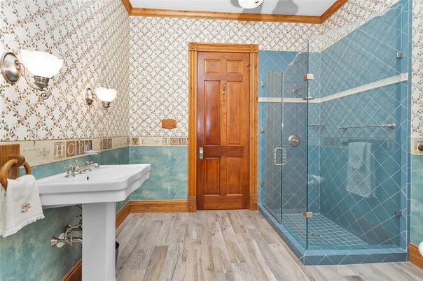 Bathroom, Glass Shower, Interior, Wood Texture Flooring