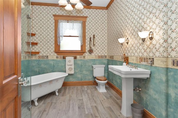Bathroom, Free Standing Baths, Glass Shower, Interior, Wood Texture Flooring