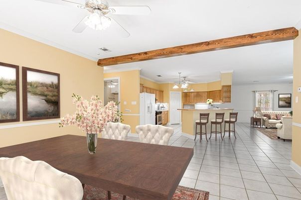 Dining room, Interior, Kitchen, Living room, Pendant Lights, Wooden Beams
