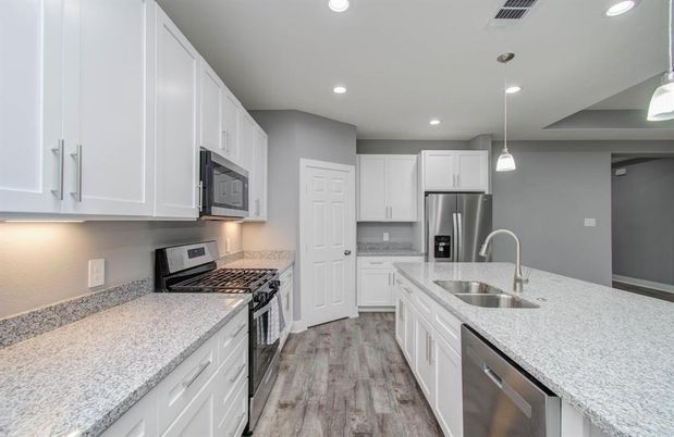 Interior, Kitchen, Pendant Lights, Recessed Lighting, Stainless Steel Appliances, Wood Texture Flooring