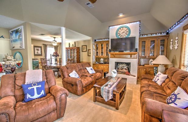 Dining room, Fireplace, Interior, Living room, Recessed Lighting