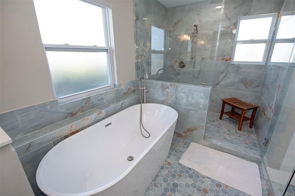 Bathroom, Free Standing Baths, Glass Shower, Interior, Marble Walls
