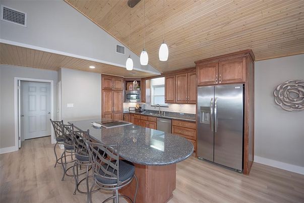 Interior, Kitchen, Pendant Lights, Recessed Lighting, Stainless Steel Appliances, Wooden Ceilings, Wood Texture Flooring