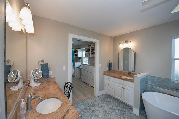 Bathroom, Dual Sink Vanities, Free Standing Baths, Interior, Wood Texture Flooring