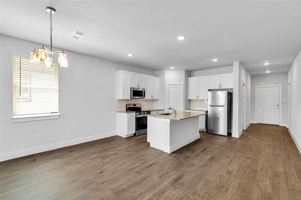 Interior, Kitchen, Pendant Lights, Recessed Lighting, Stainless Steel Appliances, Wood Texture Flooring