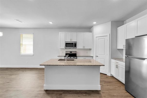 Interior, Kitchen, Recessed Lighting, Stainless Steel Appliances, Wood Texture Flooring