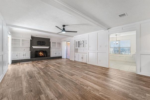 Empty room, Fireplace, Interior, Pendant Lights, Wood Texture Flooring