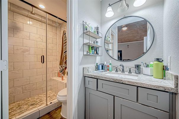 Bathroom, Glass Shower, Interior, Recessed Lighting, Wood Texture Flooring