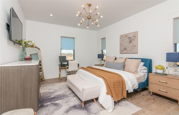 Bedroom, Interior, Pendant Lights, Recessed Lighting, Wood Texture Flooring